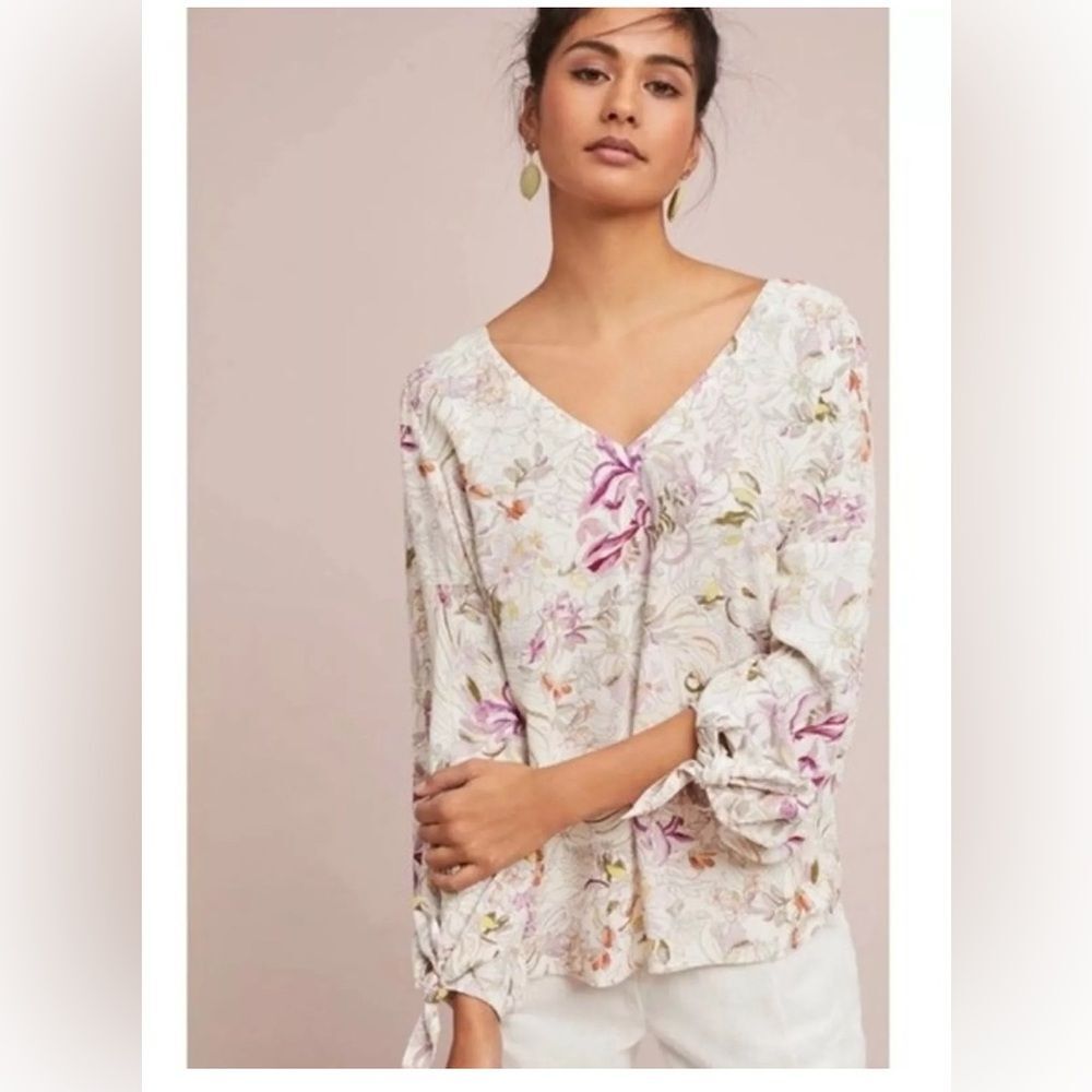 Maeve pernille white floral blouse, tie sleeve, size small